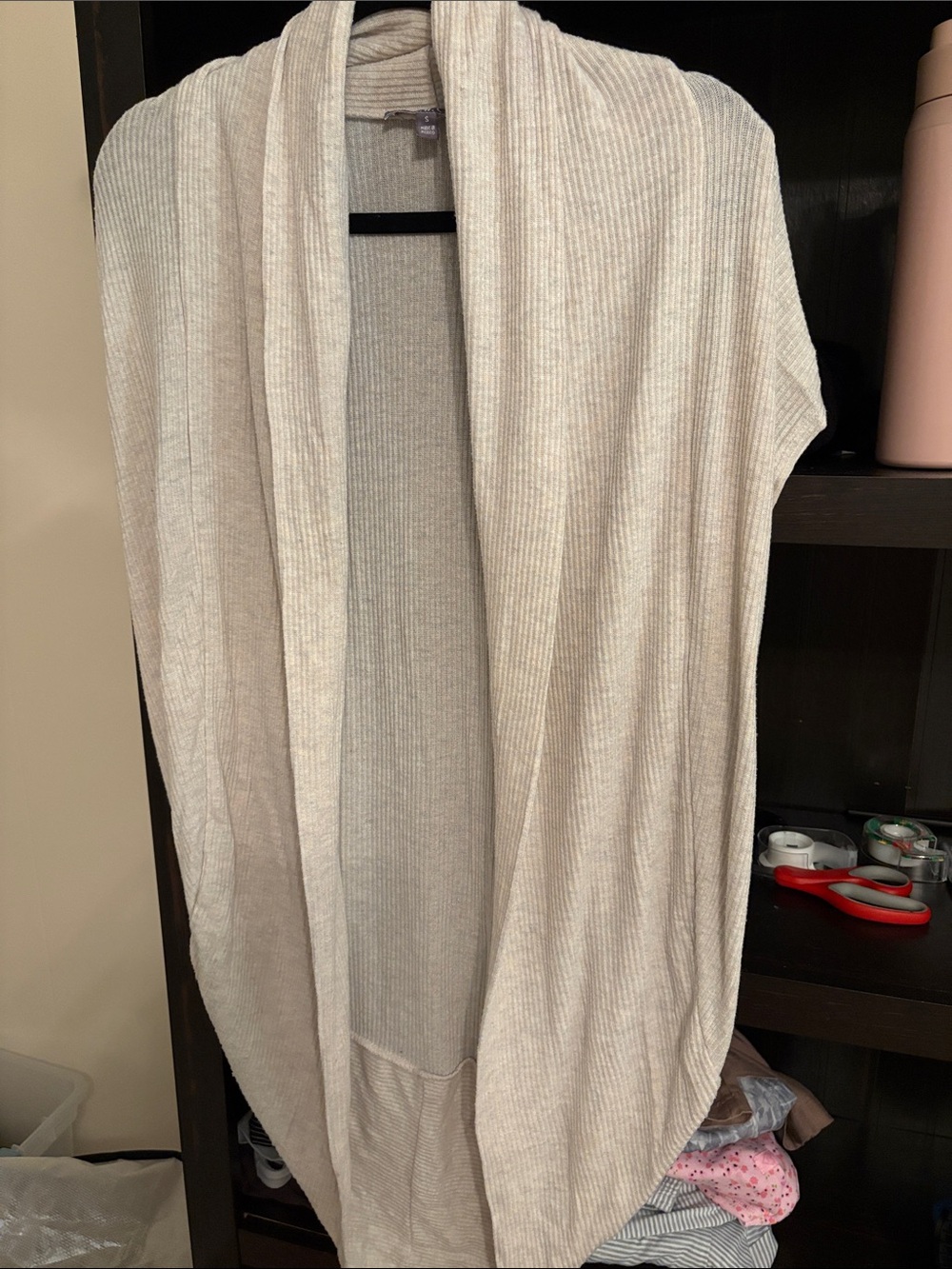 Open-Front Ribbed Cardigan in Light Beige